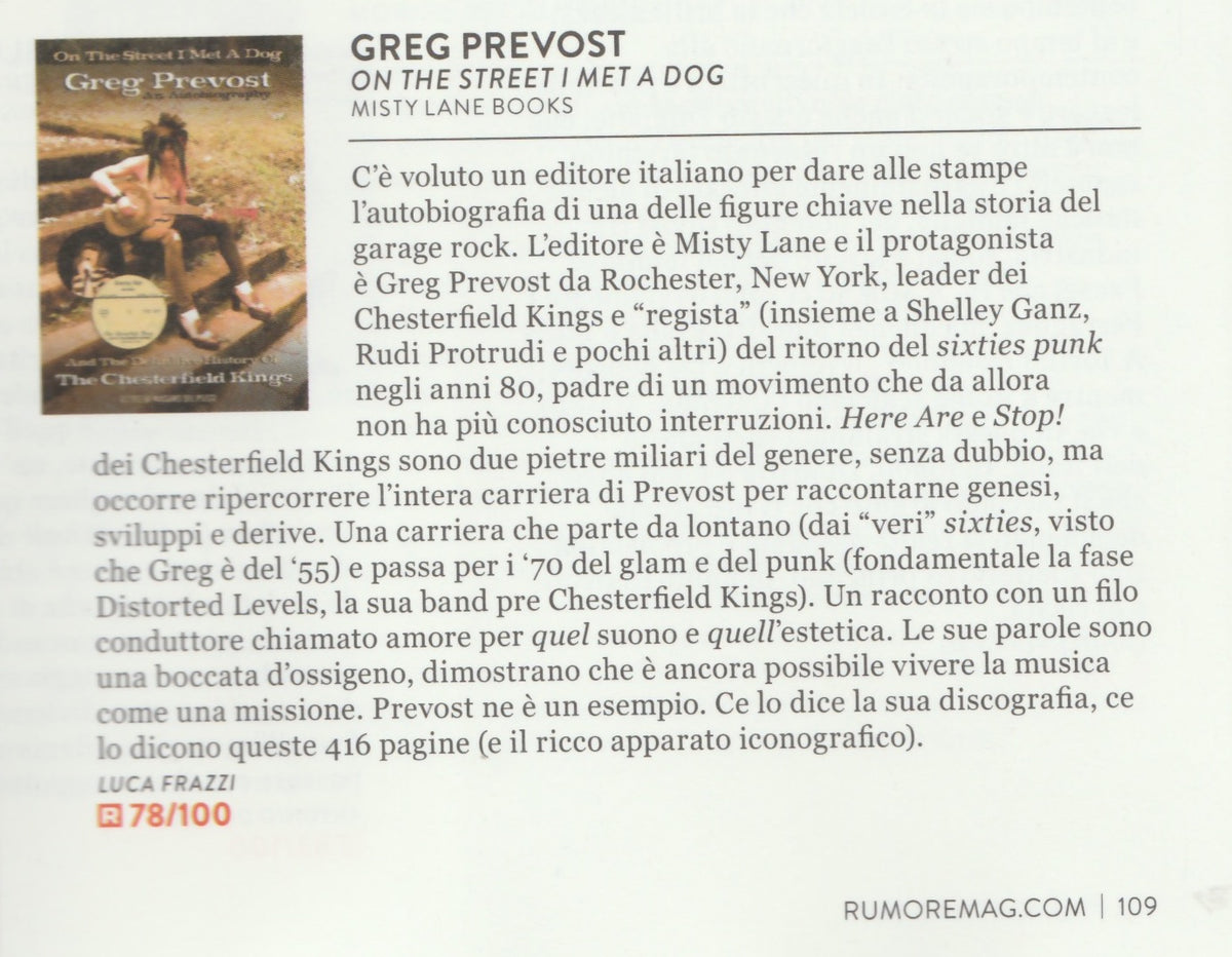 GREG PREVOST /The Chesterfield Kings BOOK "On The Street I Met A Dog"